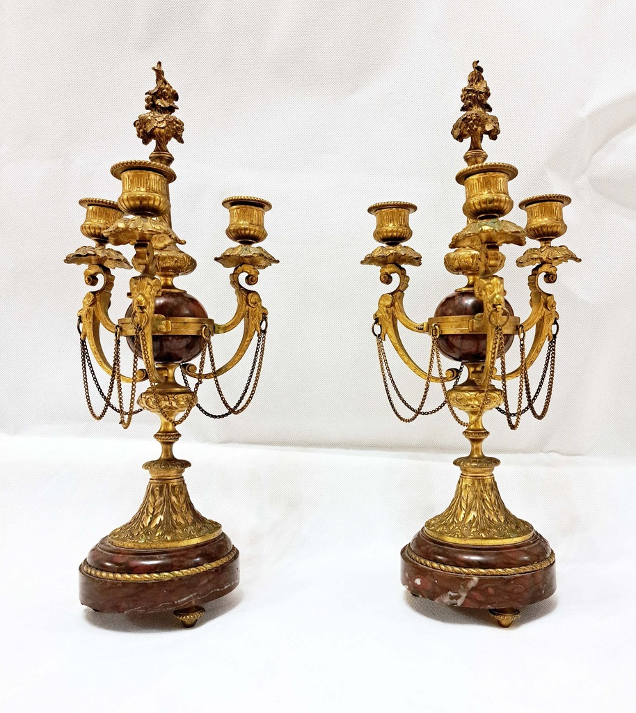 [CA1300] Coppia di candelabri in bronzo e marmo Rosso Franc