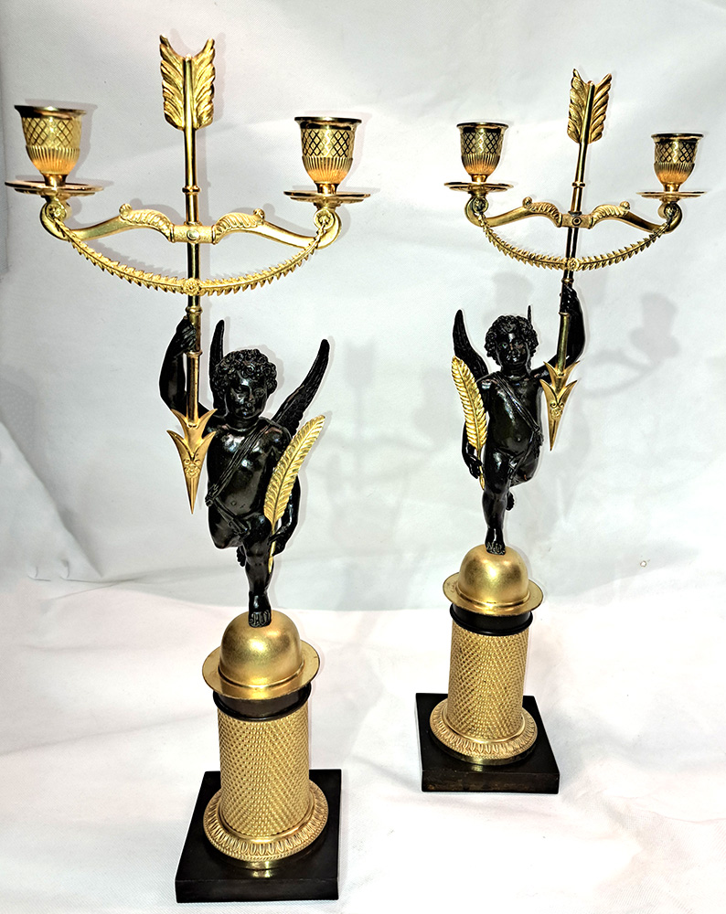 [CA1413] Coppia di candelabri Carlo X in bronzo dorato e br