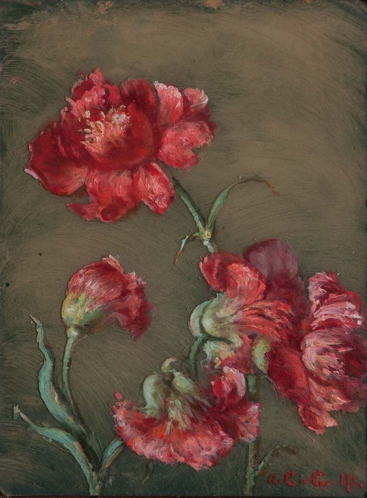 [CA1445] Ulrico Pistilli, Garofani rossi, olio su vetro