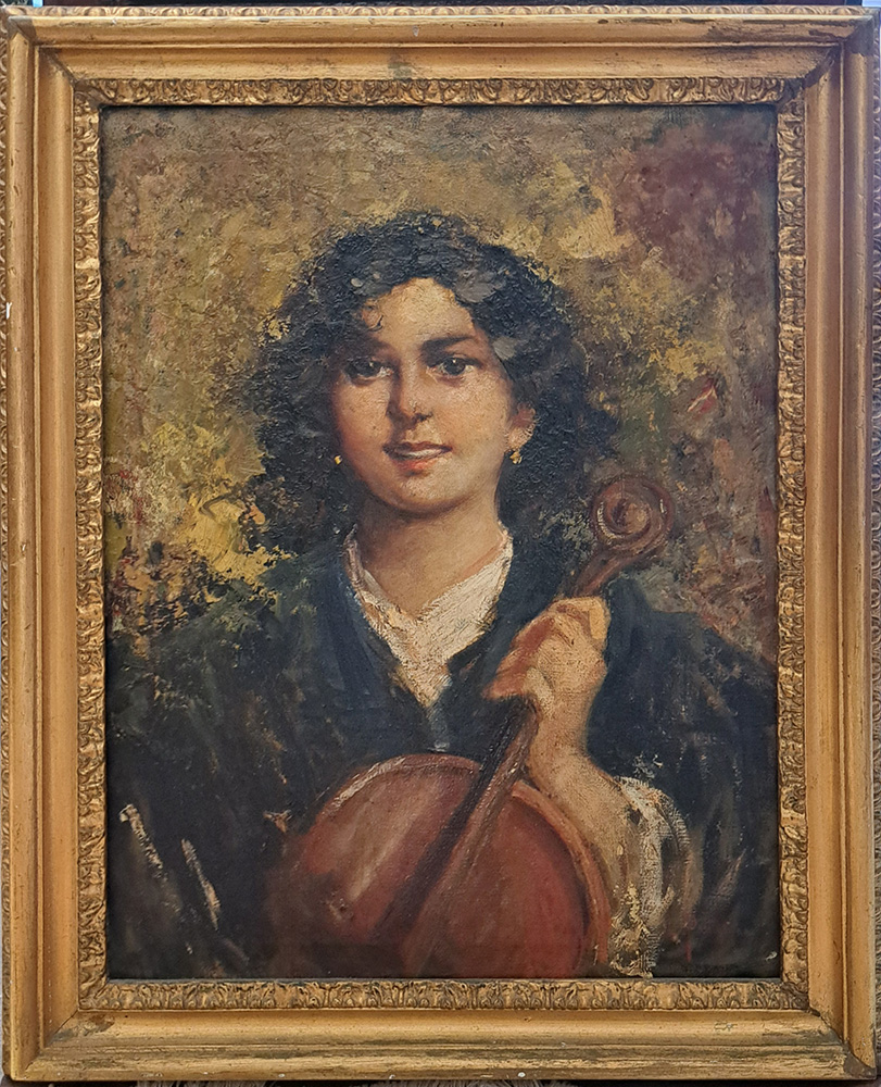 [CA1451] Luca Postiglione, Donna e violonc. olio su tela