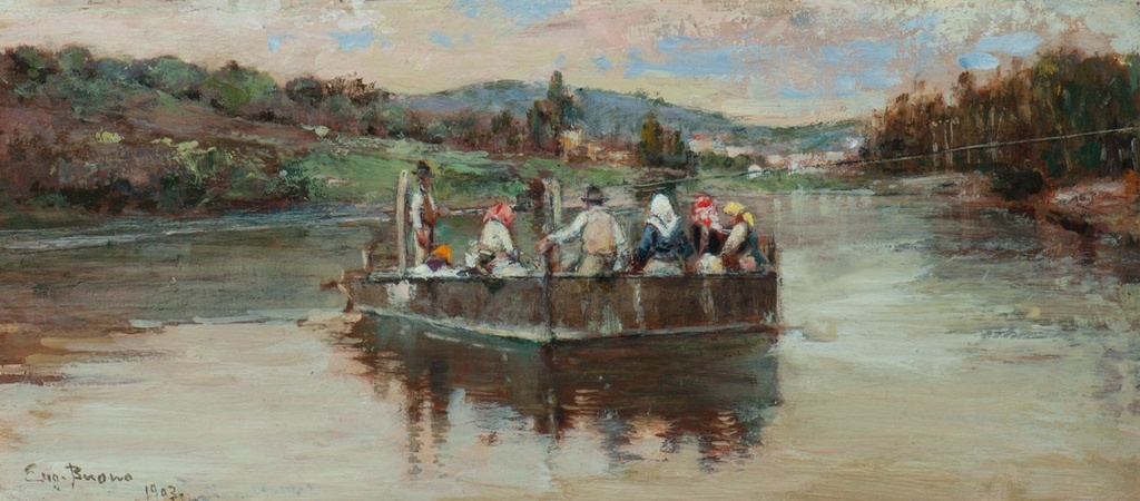 [CA1456] Eugenio Buono, Traghetto di campagna, olio su tav