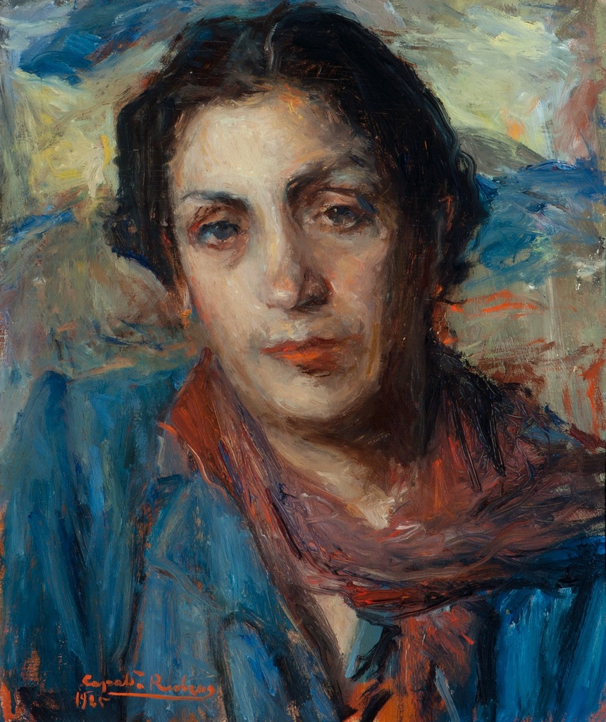 [CA1458] Rubens Capaldo, Donna con sciarpa, olio su tav