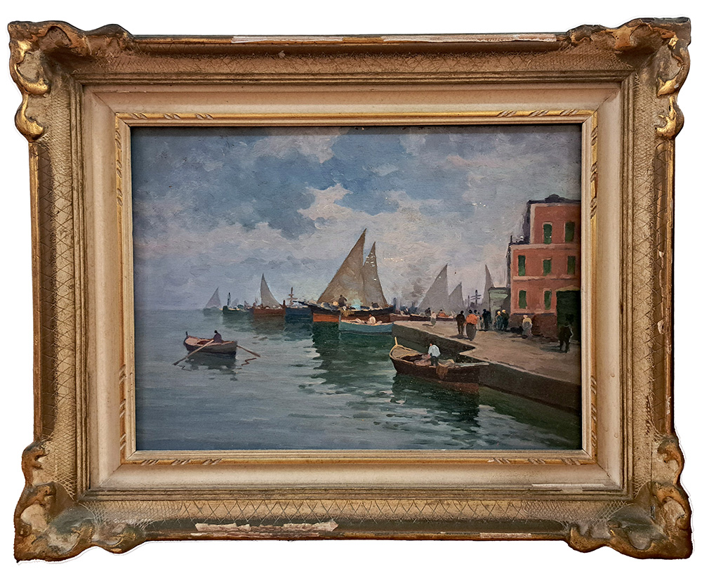 [CA1497] Dipinto raff. Porticciolo con barche