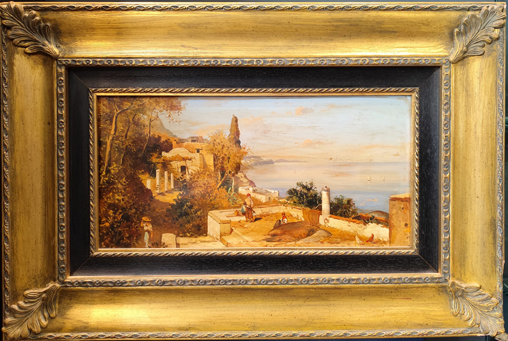 Dipinto ad olio su tela raff. paesaggio costiero