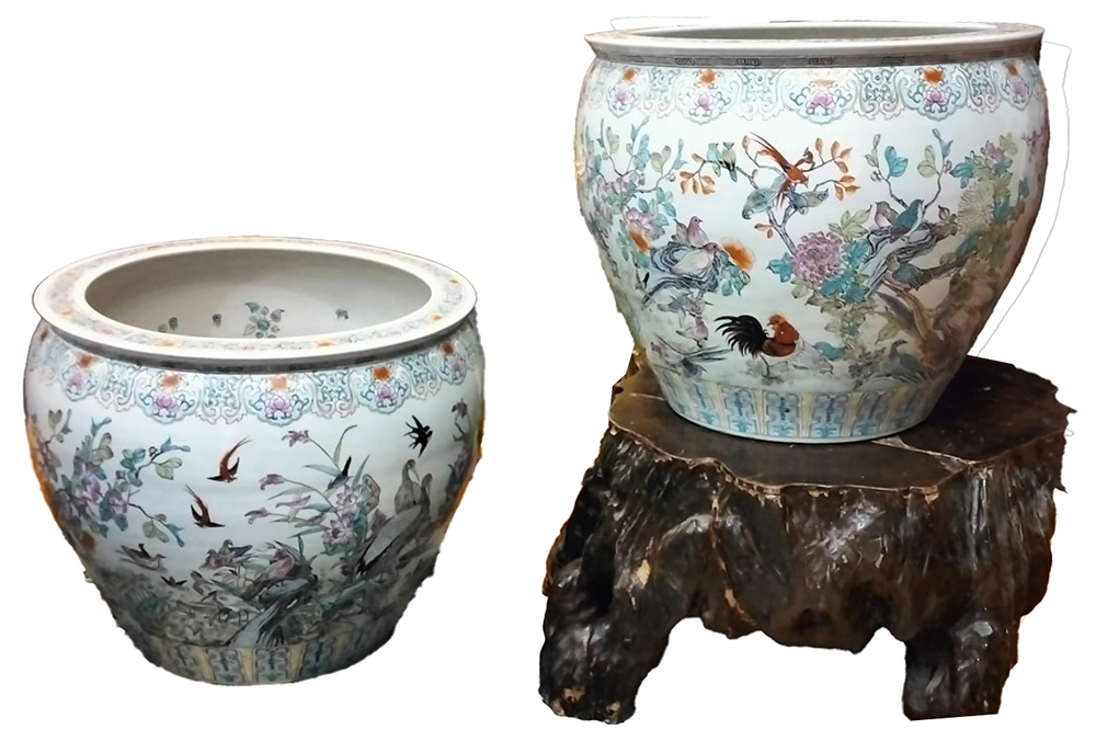 Coppia di vasche da pesci in porcellana policroma