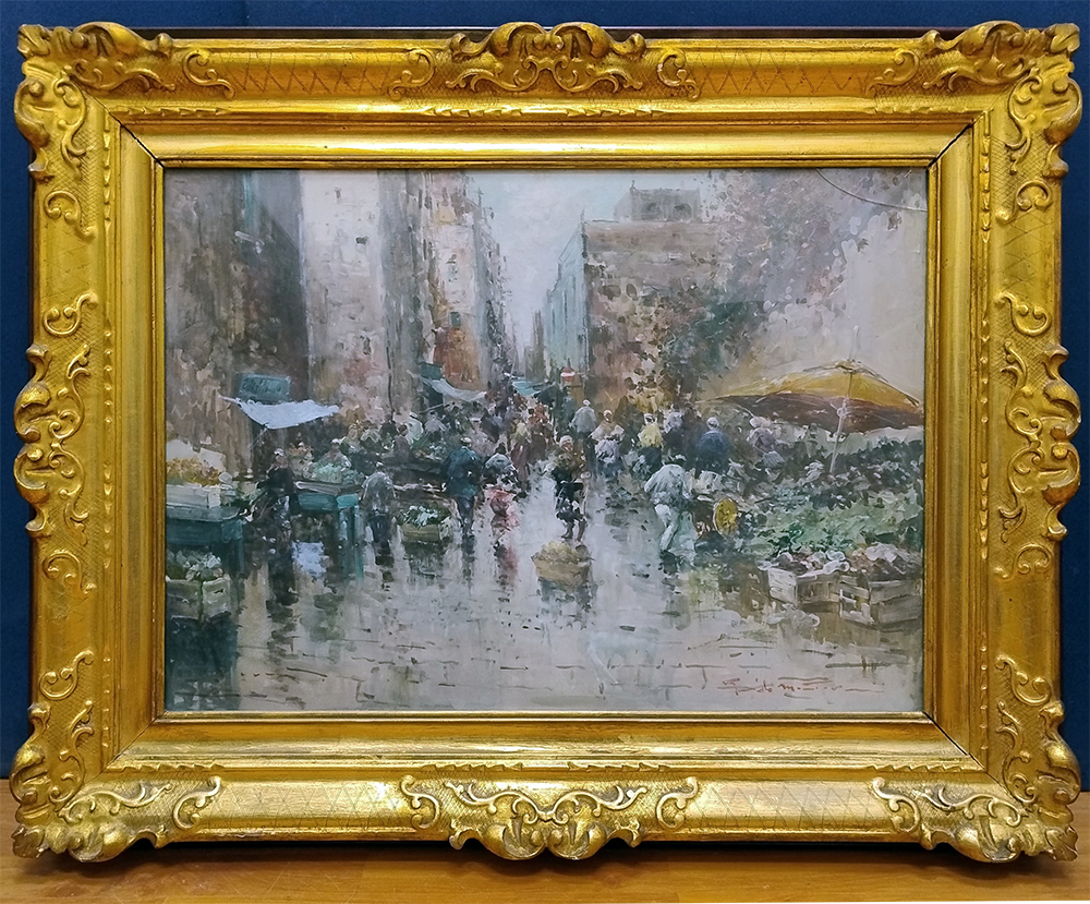 Dipinto f.to Guido Mantovani "Scena mercato"
