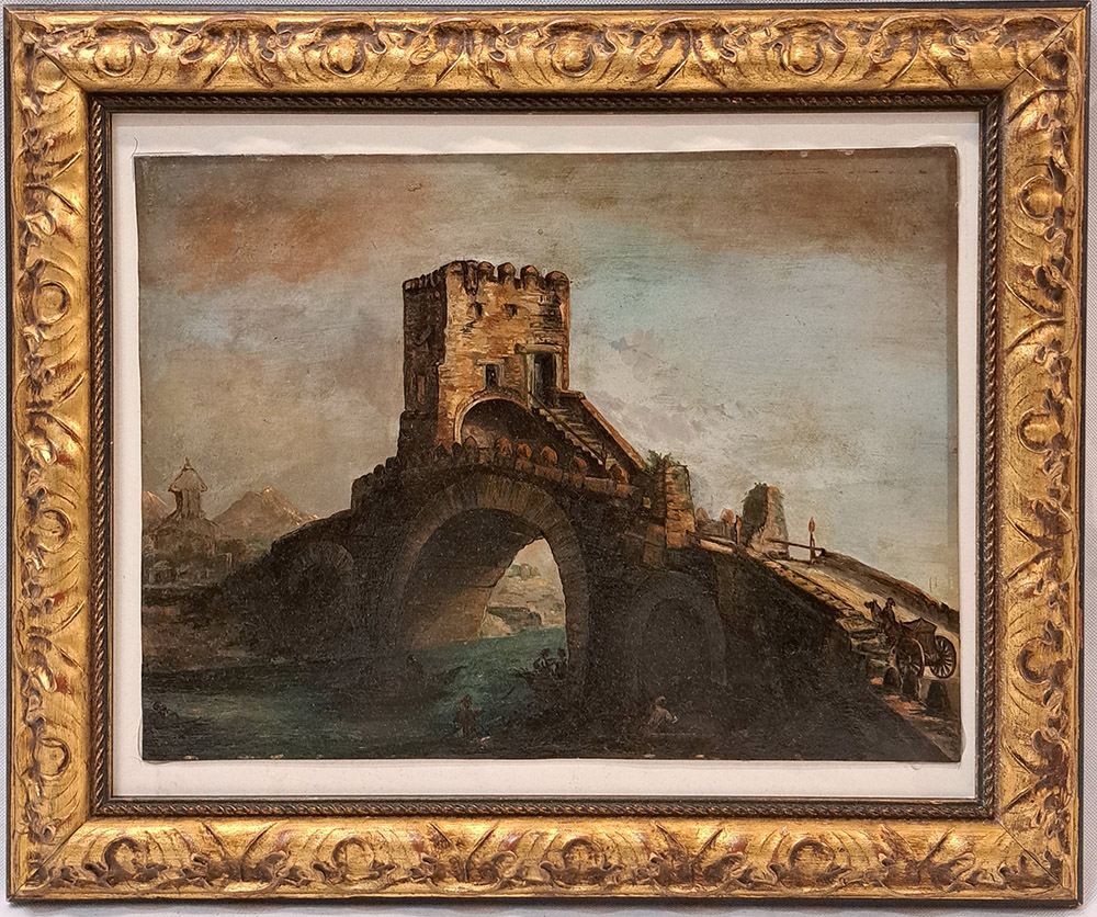 Dipinto ad olio su rame raff. ponte su un fiume