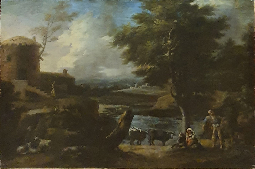 Dipinto '700 Paesaggio con personaggi