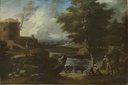 Dipinto '700 Paesaggio con personaggi